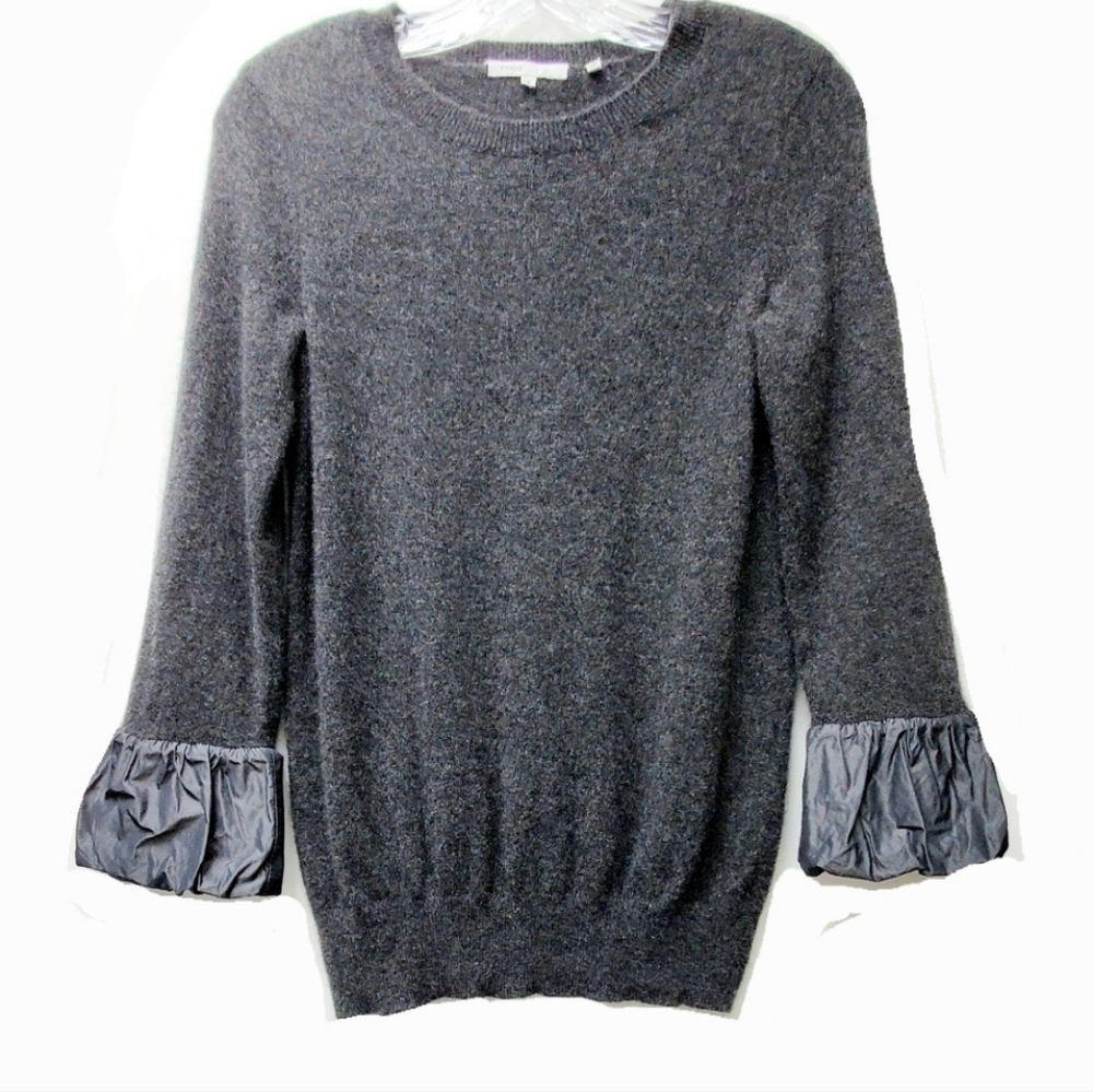 Vince Gray 100%Cashmere Crewneck Sweater With Contrast Satin Cuff Sleeves S